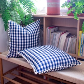 HOPLEE Summer Navy Blue Pillow Covers 18x18 Farmhouse Gingham Pillows Covers with Pom Pom for Home Decor 18x18 Inches Set of 2