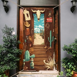 arricraft 1 Pc Western Cowboy Door Banner, Wooden Cabin Cow Skull Cowboy Gear Saddle Boots Door Sign Cover Backdrop Theme Party Favors Western Birthday Party Supplies 35.4x72.8 inch(90x185cm)