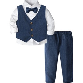 A&J DESIGN Traje para Bebé Niño Formal Ropa Elegante en Espiga con Forro de Boda con Chaleco, Camisa, Pantalones y Pajarita, Marino, 2-3 Años