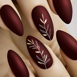 LBPEPAMZ 24Pcs Wine Red Press on Nails Medium Almond Fake Nails with Gold Leaves Design Spring Leaf Artificial Reusable Glue on Nails Red Solid Matte Stick on Nails for Women Manicure Daily Decoration