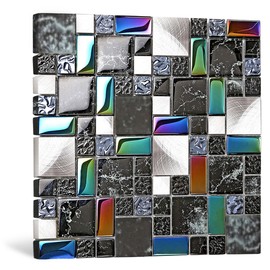 Blujellyfish Wall Backsplash Tile Black Glass Silver Metal Iridescent Vibrant Colors for Home Project Kitchen Bathroom Shower Accents Walls Decoration TSTMGB026 (5 Square Feet)