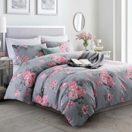 MOONLIGHT20015 King Size Duvet Cover set Reversible Quilted Bedding Sets With Pillowcases Soft Brushed Microfiber Printed Duvet set (Grey Bouquet 230 x 220 CM)