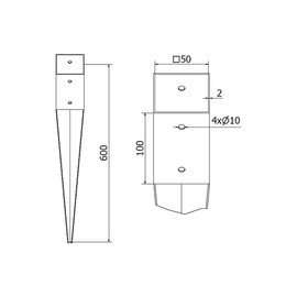 NAJDER Supporto per pali a spinta, manicotto a spinta Ancoraggio a terra per pali quadrati in legno 50 x 50 mm, lunghezza 600 mm, acciaio zincato a caldo, per il fissaggio a terra di pali in legno.