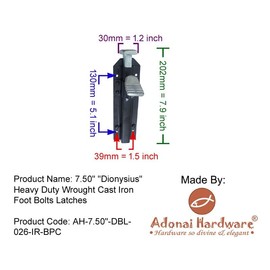 Adonai Hardware 7.50" "Dionysius Heavy Duty Wrought Cast Iron Foot Bolts Latches (1, Black Powder Coated) for Vintage Wooden Barn Doors, Gates, Security, DIY Easy Installation, Fences and Farmhouse