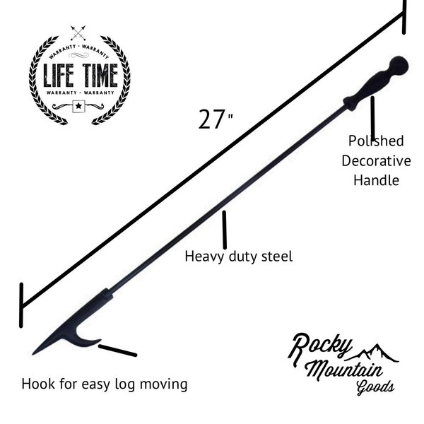 Rocky Mountain Goods Long Fireplace Poker - Rust Resistant Black Finish - Heavy Duty Wrought Iron Steel - Decorative Look and Finish - Multi use tip - Indoor and Outdoor use (1)