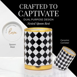 STYLED SETTINGS Black & White Checkered Utensil Holder Set – Large Ceramic Kitchen Utensil Holder for Countertop with Gold Spoon Rest – Stylish Checkered Kitchen Decor & Organizer
