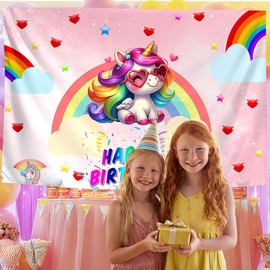 Unicorn Birthday Backdrop Decorations for Girls Party 7x5ft Pastel Rainbow Glitter Stars Dotsphotography Background Happy Birthday Banner Photo Booth Props
