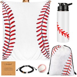 Baderke 5 Pcs Baseball Gifts Set Include 50 x 60 Soft Throw Blanket 20 oz Water Bottles White Baseball Drawstring Bag Gifts Bracelet for Boy Men Party Favors