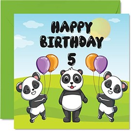 5th Birthday Card Unisex - Panda Party - Happy Birthday Card 5 Year Old, 145mm x 145mm Cute Greeting Card for Son Daughter Brother Sister Grandson Granddaughter Niece Nephew Cousin