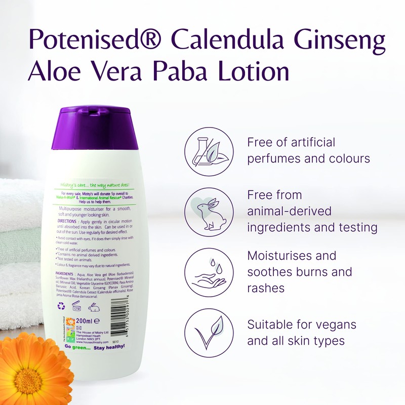 Mistry's Potenised Calendula Ginseng Aloe Vera Paba Lotion 200ml -