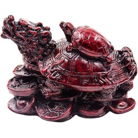 Addune Feng Shui Dragon Turtle Statue Lucky Wealth Protection Chinese Dragon Tortoise Figurine Sitting on Coins and Ingots Paperweights Gift Home Decor (Dark Red)