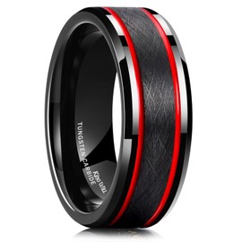 King Will Groove Black Mens Tungsten Wedding Rings Red Two Thin Lines Grooves Cross Brushed Surface Polished Beveled Edge Wedding Band for Men Women 9.5