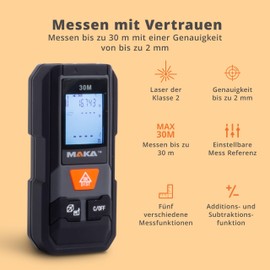 MAKA Digital Laser Rangefinder 30 m - Adjustable Measurement Reference - ±2 mm Accuracy - Pythagoras/Distance/Area/Volume Measurements