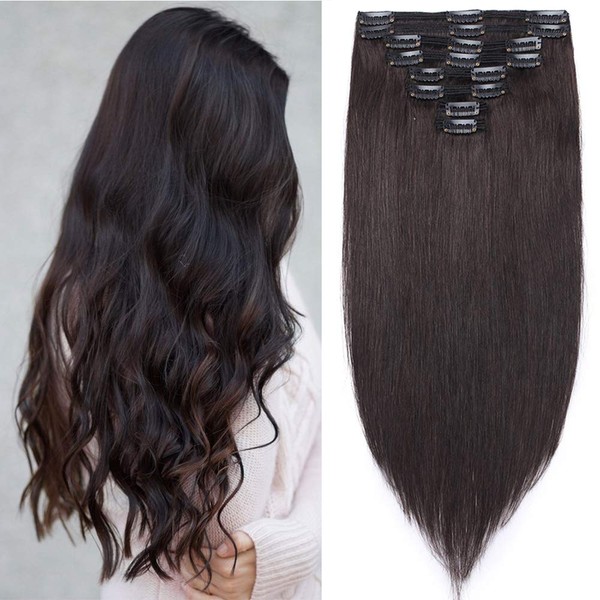 Clip-In Real Hair Extensions Hair Weave Double 8 Wefts Heat-Resistant Straight Natural Black #1B 14 inch (35 cm) – 120 g