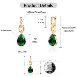 Crystals Teardrop Dangle Drop Earrings, 18K Gold Plated Hoop Earrings Zirconia Jewelry for Women Gifts (Green-Long)
