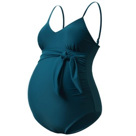 GINKANA Traje de baño de maternidad de una pieza con lazo frontal para embarazo, traje de baño con cuello en V y correa espagueti, Color verde azulado., L