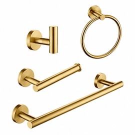 Juego de Accesorios para Baño 4 Piezas - Toalleros de Anillo Toallero de Barra  Portarrollo  Gancho - Montaje en Pared - Alta Resistencia (Dorado)