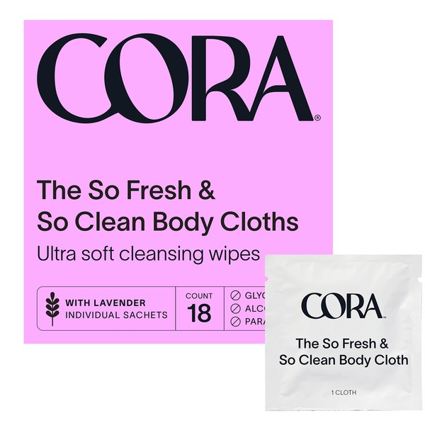 Cora Body Cloths | Cleansing Wipes | Lavender Scent | Individually Wrapped Sachet | All Over Refresh | Intimate Areas | Moisturizing and Hydrating | pH Balance | Soothing Aloe | Packaging May Vary (18 Count)