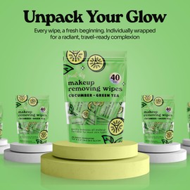 Pink Sky Makeup Remover Wipes for Face - Ultra Soft, Mini Makeup Wipes Individually Wrapped, Travel Makeup Wipes, Gently Cleanse & Remove, 40 Count (40 Wipes, CUCUMBER & GREEN TEA)