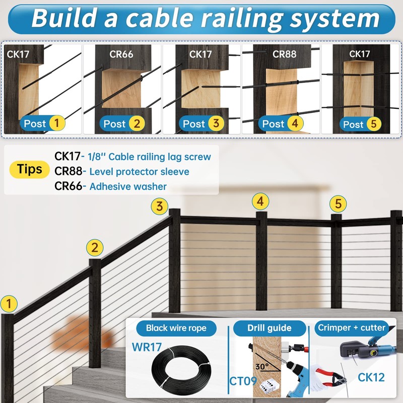 Muzata 50 Pack 1/8" 5/32" 3/16" Black Cable Railing Protector