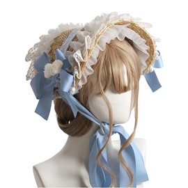 FCCAM Victorian Sun Hat for Tea Party Lolita Hat Lace Bowknot Flowers Straw Hat Lolita Hat for Girls Multicoloured Women's Hat Blue