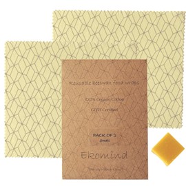 Reusable Beeswax Food Wraps and Wrap Refresher Ethically Made Sustainable and Minimalist Design (Pack of 2 Small Wraps) by Ekomind - 100% Organic Cotton (GOTS Certified) and Ethical Sustainable Trade Certified