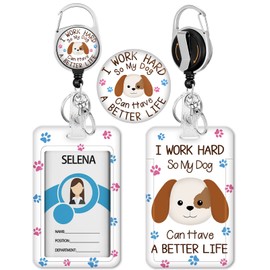 Cute Dog Badge Holder with Retractable Reel, Funny Id Card Badge Case with Carabiner Clip Heavy Duty, Vertical Card Name Tag Badge Protector Cover for Work Office Nurse Teacher Women Student Gifts