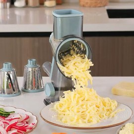Amayz Infinit Rotary Cheese Grater – 3-in-1 Slicer, Shredder & Grater | Secure Suction Base | Modern Blue Design for Cheese, Veggies, Nuts & More