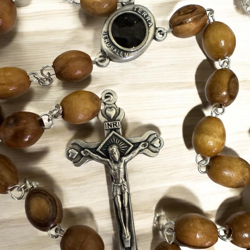 FROM THE HOLY LAND Olive Wood Rosary Necklace, Crafted in