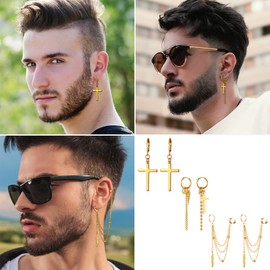 Cupimatch 3 Pairs Hoop Dangle Earrings Stainless Steel Huggie Hinged Chain Feather Cross Pendant Hoop Earrings