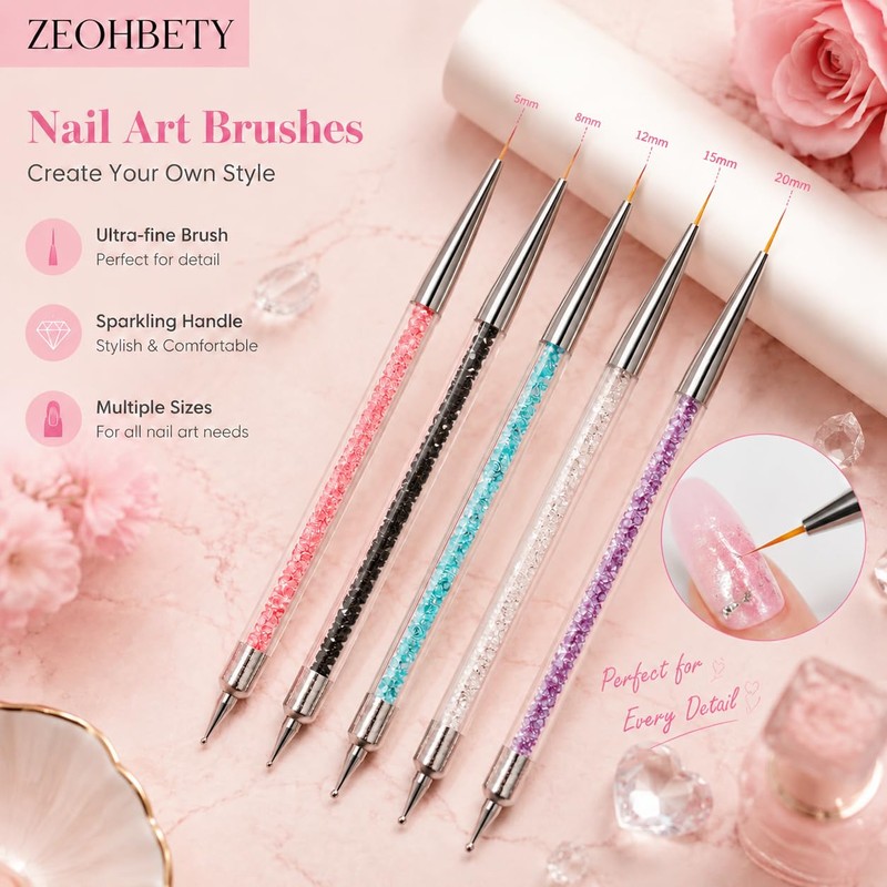 ZEOHBETY Nail Art Brushes, 5Pcs Nail Art Liner Brushes, Dotting