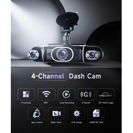 360°4-Channel Dash Cam FHD 2K+1080P×3 Front/Rear/Inside/Side Car Dash Camera with WiFi, APP Control, 64GB SD Card Included, 8 IR Night Vision, G-Sensor, 24/7 Parking Mode