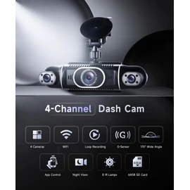 360°4-Channel Dash Cam FHD 2K+1080P×3 Front/Rear/Inside/Side Car Dash Camera with WiFi, APP Control, 64GB SD Card Included, 8 IR Night Vision, G-Sensor, 24/7 Parking Mode
