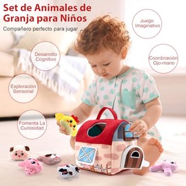 Risom Juguetes Montessori para Niños, Granero Mini Juego Sensoria con Peluches de Granja, Sonajero, Papel Arrugado y Espejo, Juguete de Viaje Didáctic