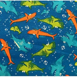 Happy Sharks Cotton Cartoon Printed Fabric - Children's Quilting 100% Cotton, 110 cm Wide, Ideal for Crafts, Sewing & Quilting (1 Metre)