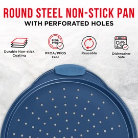 Bakken Pizza Baking Pan - Round Perforated Carbon Steel Pan with Non-Stick Marble Coating, Oversized Silicone Handle, Dishwasher Safe, High-Temperature Resistant, Durable and Easy Cleanup - Blue