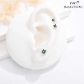 3 Pairs Sterling Silver Stud Earrings for Women Girls, Small Simulated Diamond Earrings Emerald Cubic Zirconia Flower Stud Earrings Sleeper Earrings Set for Multiple Pirercings, 2.5/3.5/4mm