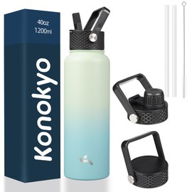 Konokyo 40oz Insulated Water Bottle Sport Stainless Steel Water Bottles With 3 Lids,Mint