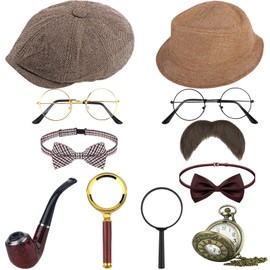 NinkyNonk 11PCS Detective Costume for Kids Detective Hat Magnifying Glass Glasses Fake Mustache Bow Tie Pocket Watch (Type D)