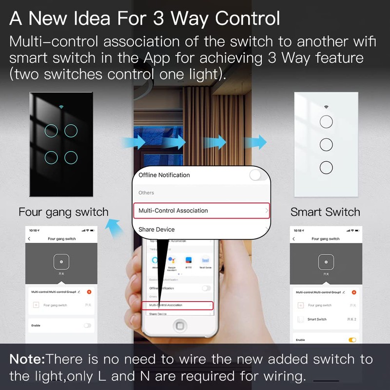MOES 2.4GHz WiFi Wall Touch Smart Switch Neutral Wire Required,