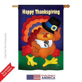 Breeze Decor H113037 Happy Turkey Fall Thanksgiving Decorative Vertical House Flag, 28" x 40", Multi-Color