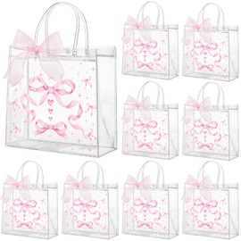 Wesnoy 24 Pcs Pink Bow Clear PVC Gift Bags with Handles Coquette Bowknot Party Favor Candy Treat Tote Bags for Birthday Party (Bowknot)