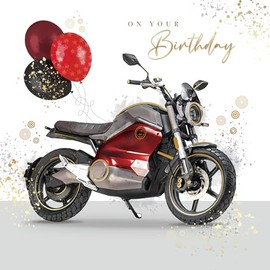 Cherry Orchard Male Open Birthday Card - Red Motorbike with Balloons - Gold Foil Finished Quality Card