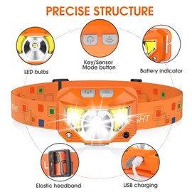 LHKNL Headlamp Flashlight, Lumen Ultra-Light Bright LED Rechargeable Headlight with White Red Light,2-Pack Waterproof Motion Sensor Head Lamp,8 Mode for Outdoor Camping Running Fishing- Orange