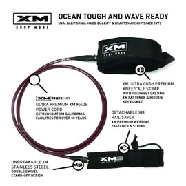 XM SURF MORE Knee/Calf Surfboard Leash 10ft., Regular Cord Thickness (.270 in.), Choose Length and Color, Key Pocket, Unbreakable Swivels, Detachable Railsaver, Made in USA