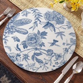 Artoid Mode Blue Floral Vinyl Round Spring Placemats Set of 4, Washable Heat Resistant Non-Slip Woven Summer Plastic PVC Place Mats for Farmhouse Party Kitchen Dining Decor