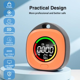 Portable Carbon Monoxide Detector for Travel, 3-in-1 CO Detector Alarm Temp/Humidity Sensor,Battery Operated CO Detector Carbon Monoxide Detectors Portable Travel Size Carbon-Monoxide Detector(Orange)