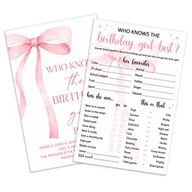 Who Knows The Birthday Girl Best, 30Pcs Birthday Game Cards, Double-Sided Pink Bows Interactive Activity Supplies for Girls Teens Women Sleepover Party Girls Night, 15x10cm