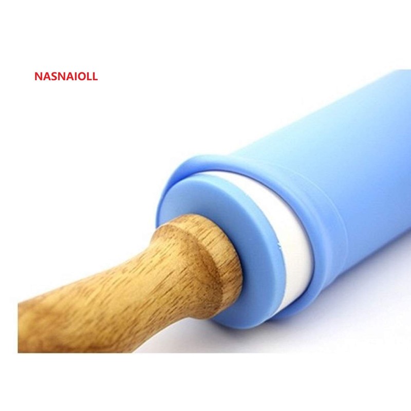 NASNAIOLL Silicone Rolling Pin Non Stick Surface Wooden Handle (Blue)
