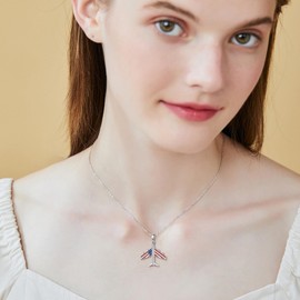 URONE Airplane Necklace Sterling Silver USA Flag Pendant 4th of July Jewellery for Women Flight Attendant